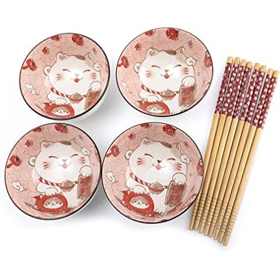 lachineuse Set van 4 Maneki Neko kommen Rijstkommen, Ontbijt & Soep Japans porseleinen servies Met eetstokjes Geluksbrenger kat Japans Kawaii Japan cadeau Wit & Rood lachineuse Set van 4 Maneki Neko kommen Rijstkommen, Ontbijt & Soep Japans porseleinen servies Met eetstokjes Geluksbrenger kat Japans Kawaii Japan cadeau Wit & Rood