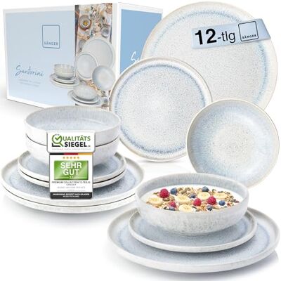 Sänger Santorini Tafelservies 12-delig, borden voor 4 personen, tafelservies van aardewerk met platte borden, dessertborden en soepborden, crème met lila blauw kleurverloop, collectie Sänger Santorini Tafelservies 12-delig, borden voor 4 personen, tafelservies van aardewerk met platte borden, dessertborden en soepborden, crème met lila blauw kleurverloop, collectie