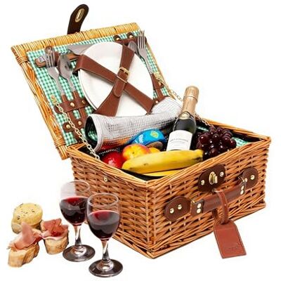 eGenuss Rieten picknickmand voor 2 personen – Koelbox, multifunctioneel mes, bestek van roestvrij staal, borden en wijnglazen inbegrepen – Motief Vichy groen eGenuss Rieten picknickmand voor 2 personen – Koelbox, multifunctioneel mes, bestek van roestvrij staal, borden en wijnglazen inbegrepen – Motief Vichy groen