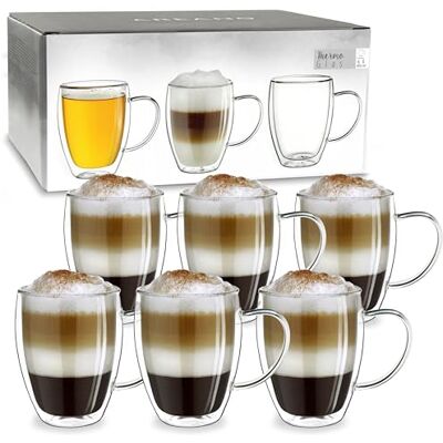 Creano Theeglas, koffieglas, latteglas, dubbelwandig, thermisch glas, met handvat, groot, van borosilicaatglas, 6 x 400 ml Creano Theeglas, koffieglas, latteglas, dubbelwandig, thermisch glas, met handvat, groot, van borosilicaatglas, 6 x 400 ml