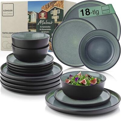 Sänger Malmö Value Collection Servies van aardewerk, 18-delig servies voor 6 personen, 6 platte borden, 6 mueslikommen, 6 dessertborden, donkergroen servies Sänger Malmö Value Collection Servies van aardewerk, 18-delig servies voor 6 personen, 6 platte borden, 6 mueslikommen, 6 dessertborden, donkergroen servies