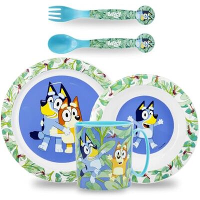 Sorrisini Kinderserviesset, herbruikbaar servies voor kinderen, diensten voor kinderen en magnetronbestendig, kindertafelset, bord en kom, bestek, beker, bluey Sorrisini Kinderserviesset, herbruikbaar servies voor kinderen, diensten voor kinderen en magnetronbestendig, kindertafelset, bord en kom, bestek, beker, bluey