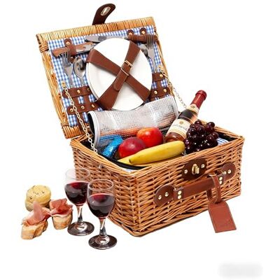 eGenuss Rieten picknickmand voor 2 personen – koelbox, multifunctioneel mes, bestek van roestvrij staal, borden en wijnglazen inbegrepen – motief Vichy blauw eGenuss Rieten picknickmand voor 2 personen – koelbox, multifunctioneel mes, bestek van roestvrij staal, borden en wijnglazen inbegrepen – motief Vichy blauw