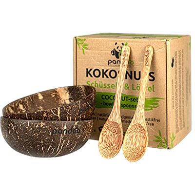pandoo Set van 2 kokosnootschalen met lepels 100% natuurlijk product alternatief zonder plastic handgemaakt en gepolijst met kokosolie pandoo Set van 2 kokosnootschalen met lepels 100% natuurlijk product alternatief zonder plastic handgemaakt en gepolijst met kokosolie