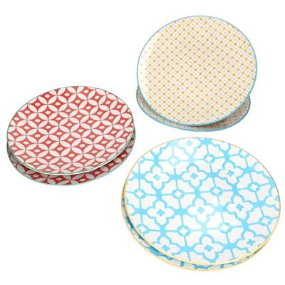 MamboCat Makina Trio Set van 6 platte borden, diameter 27 cm, voor 6 personen, platte borden, grote borden, bijzetborden, retro design, porselein met decoratie in blauw, geel en MamboCat Makina Trio Set van 6 platte borden, diameter 27 cm, voor 6 personen, platte borden, grote borden, bijzetborden, retro design, porselein met decoratie in blauw, geel en