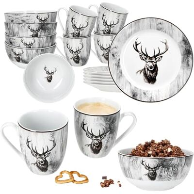 MamboCat Alois Ontbijtset 18-delig, 6 ontbijtborden, mueslikommen en koffiekopjes van porselein, 6 personen, houtlook en hertenmotief in zwart en wit, voor kleine kinderen MamboCat Alois Ontbijtset 18-delig, 6 ontbijtborden, mueslikommen en koffiekopjes van porselein, 6 personen, houtlook en hertenmotief in zwart en wit, voor kleine kinderen