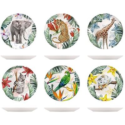 H&H Exotic Set van 6 fruitborden 21 cm van porselein New Bone China, verschillende dierenmotieven in onderemail en reliëf, vaatwasser- en magnetronbestendig H&H Exotic Set van 6 fruitborden 21 cm van porselein New Bone China, verschillende dierenmotieven in onderemail en reliëf, vaatwasser- en magnetronbestendig