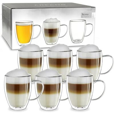Creano Theeglas, koffieglas, dubbelwandig, thermisch glas, met handvat, groot, van borosilicaatglas, 6 x 250 ml Creano Theeglas, koffieglas, dubbelwandig, thermisch glas, met handvat, groot, van borosilicaatglas, 6 x 250 ml