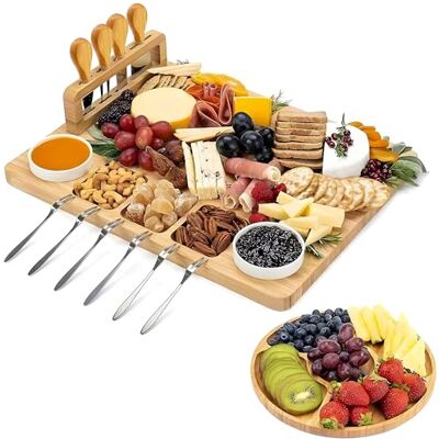 Kicinn Bamboe Kaasplanken Set Met Messen En Vorken Houten Vleeswarenplank Met Extra Dienblad Serveerschaal voor Tapas, Fruit En Vlees Kicinn Bamboe Kaasplanken Set Met Messen En Vorken Houten Vleeswarenplank Met Extra Dienblad Serveerschaal voor Tapas, Fruit En Vlees