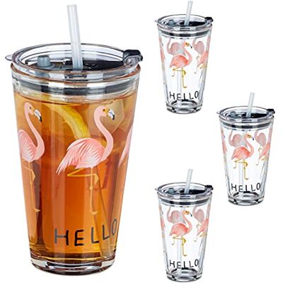 Relaxdays Set van 4 drinkglazen met deksel en rietje van 450 ml vaatwasmachinebestendig doorzichtig Relaxdays Set van 4 drinkglazen met deksel en rietje van 450 ml vaatwasmachinebestendig doorzichtig