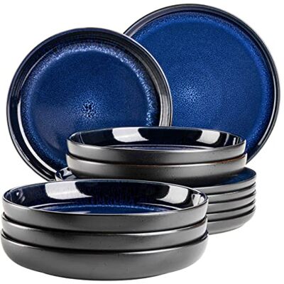MÄSER 931972, serie Niara, moderne bordenset voor 6 personen in spannende vintage look, 12-delige tafelservies van keramiek in blauw en zwart, steengoed MÄSER 931972, serie Niara, moderne bordenset voor 6 personen in spannende vintage look, 12-delige tafelservies van keramiek in blauw en zwart, steengoed