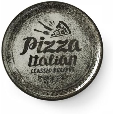HENDI Pizzabord van porselein, motief: pizzatekst en illustratie, vaatwasser- en magnetronbestendig, diameter 330 mm, zwart HENDI Pizzabord van porselein, motief: pizzatekst en illustratie, vaatwasser- en magnetronbestendig, diameter 330 mm, zwart