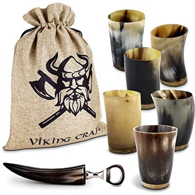 Set van 6 drinkhoornbekers van 80 ml + flesopener ideaal voor Vikingen met decoratie, cadeau voor mannen en vrouwen, middeleeuws Viking fanartikel Set van 6 drinkhoornbekers van 80 ml + flesopener ideaal voor Vikingen met decoratie, cadeau voor mannen en vrouwen, middeleeuws Viking fanartikel