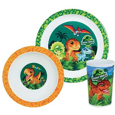 Fun House 006066 JURASSIC WORLD DINOSAURE Lunchset bestaande uit een plat bord Ø 22 cm, een soepbord of kom Ø 16 cm en een glas 220 ml voor kinderen, meerkleurig Fun House 006066 JURASSIC WORLD DINOSAURE Lunchset bestaande uit een plat bord Ø 22 cm, een soepbord of kom Ø 16 cm en een glas 220 ml voor kinderen, meerkleurig