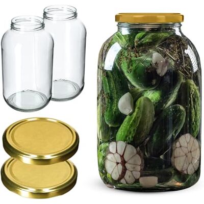 KADAX Set van 2 ronde voorraadpotten, goudkleurig deksel, 4 l, diameter 100 mm, inmaakpotten, inmaakpotten, inmaakpotten, komkommer KADAX Set van 2 ronde voorraadpotten, goudkleurig deksel, 4 l, diameter 100 mm, inmaakpotten, inmaakpotten, inmaakpotten, komkommer