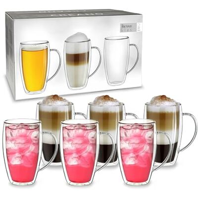 Creano Theeglas, koffieglas, dubbelwandig, thermisch glas, met handvat, groot, van borosilicaatglas, 6 x 400 ml Creano Theeglas, koffieglas, dubbelwandig, thermisch glas, met handvat, groot, van borosilicaatglas, 6 x 400 ml