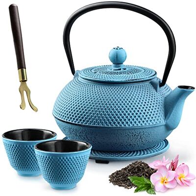 KADAX Japanse gietijzeren theepot 850 ml, diameter 15 cm, met gaasfilter en robuust handvat, theeservies in Japanse stijl, traditionele ijzeren theepot, blauw KADAX Japanse gietijzeren theepot 850 ml, diameter 15 cm, met gaasfilter en robuust handvat, theeservies in Japanse stijl, traditionele ijzeren theepot, blauw