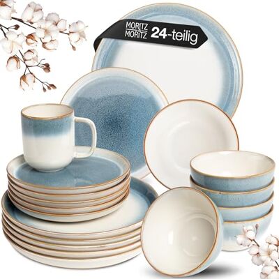 Moritz & Moritz TARENTO 24-delig tafelservies voor 6 personen, blauw, elegante bordenset van hoogwaardig aardewerk, serviesset bestaande uit 6 platte borden, 6 borden Moritz & Moritz TARENTO 24-delig tafelservies voor 6 personen, blauw, elegante bordenset van hoogwaardig aardewerk, serviesset bestaande uit 6 platte borden, 6 borden
