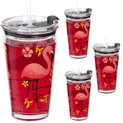 Relaxdays Drinkbeker in set van 4, flamingo, schaal 450 ml, deksel, rietje, glas, kinderen, transparant Relaxdays Drinkbeker in set van 4, flamingo, schaal 450 ml, deksel, rietje, glas, kinderen, transparant