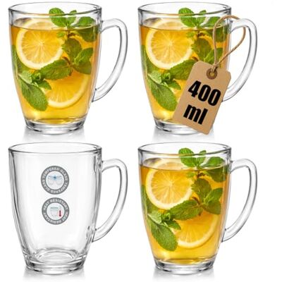 com-four ® Set van 4 theeglazen van gehard glas, 400 ml, duurzame mok Warmte met handvat groot glas voor thee, cacao, koffie en cappuccino com-four ® Set van 4 theeglazen van gehard glas, 400 ml, duurzame mok Warmte met handvat groot glas voor thee, cacao, koffie en cappuccino