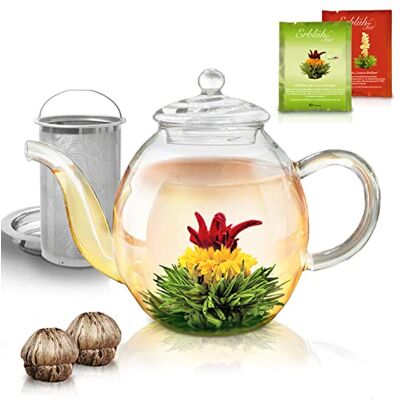 Creano 1,0 liter glazen theepot met 2 theebloemen, glazen theepot met geïntegreerde roestvrijstalen zeef en glazen deksel, druppelvrij Creano 1,0 liter glazen theepot met 2 theebloemen, glazen theepot met geïntegreerde roestvrijstalen zeef en glazen deksel, druppelvrij