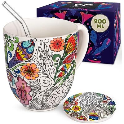 YC YANG CHAI Theemok 900 ml, grote theemok van porselein, grote mok met 10 theefilters, glazen rietje en onderzetter, koffiekop, grote kom, reuzenmok, beker YC Nature YC YANG CHAI Theemok 900 ml, grote theemok van porselein, grote mok met 10 theefilters, glazen rietje en onderzetter, koffiekop, grote kom, reuzenmok, beker YC Nature