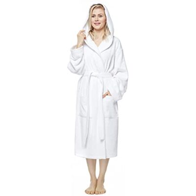 Arus Badjas voor dames, kuit- of enkellengte, badstof van 100% katoen, Oeko-Tex-gecertificeerd met capuchon, Wit. XS-S Arus Badjas voor dames, kuit- of enkellengte, badstof van 100% katoen, Oeko-Tex-gecertificeerd met capuchon, Wit. XS-S
