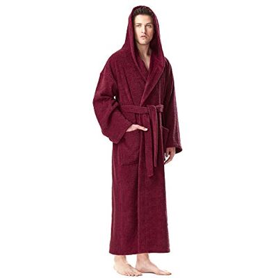 Arus Badjas voor heren met capuchon, kuitlengte of enkellengte, badstof van 100% katoen (380 g/m²), Oeko-Tex gecertificeerd, Wijn rood S-M Arus Badjas voor heren met capuchon, kuitlengte of enkellengte, badstof van 100% katoen (380 g/m²), Oeko-Tex gecertificeerd, Wijn rood S-M