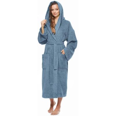 Arus Badjas voor dames met capuchon, kuitlengte of enkel, badstof (380 g/m²), 100% gecertificeerd katoen Doux peignoir en éponge avec capuche, 2 poches et ceinture – idéal pour sauna, spa, bien-être et maison. S-M Arus Badjas voor dames met capuchon, kuitlengte of enkel, badstof (380 g/m²), 100% gecertificeerd katoen Doux peignoir en éponge avec capuche, 2 poches et ceinture – idéal pour sauna, spa, bien-être et maison. S-M