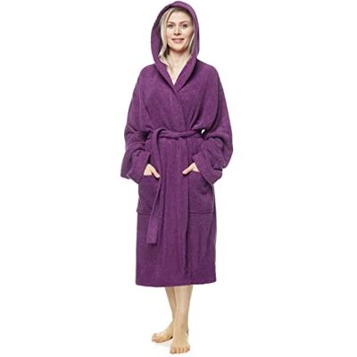 Arus Badjas voor dames, kuitlengte of enkellengte, 100% Oeko-Tex gecertificeerde katoenen badstof met capuchon, Pruim S-M Arus Badjas voor dames, kuitlengte of enkellengte, 100% Oeko-Tex gecertificeerde katoenen badstof met capuchon, Pruim S-M