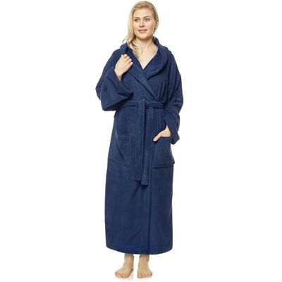 Arus Badjas voor dames met capuchon, kuitlengte of enkel, badstof (380 g/m²), 100% gecertificeerd katoen, Donkerblauw S-M Extra Tall Arus Badjas voor dames met capuchon, kuitlengte of enkel, badstof (380 g/m²), 100% gecertificeerd katoen, Donkerblauw S-M Extra Tall