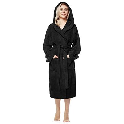 Arus Badjas voor dames met kap, kuitlengte of tot op de enkel, badstof van 100% katoen, Oeko-Tex-gecertificeerd, zwart. S-M Arus Badjas voor dames met kap, kuitlengte of tot op de enkel, badstof van 100% katoen, Oeko-Tex-gecertificeerd, zwart. S-M