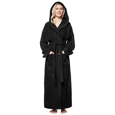 Arus Badjas voor dames, kuitlengte of enkellengte, 100% Oeko-Tex gecertificeerde katoenen badstof met capuchon, zwart. S-M Arus Badjas voor dames, kuitlengte of enkellengte, 100% Oeko-Tex gecertificeerde katoenen badstof met capuchon, zwart. S-M