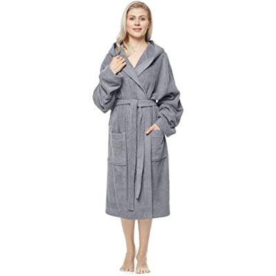 Arus Badjas voor dames, kuitlengte of enkellengte, 100% Oeko-Tex gecertificeerde katoenen badstof met capuchon, grijs. S-M Arus Badjas voor dames, kuitlengte of enkellengte, 100% Oeko-Tex gecertificeerde katoenen badstof met capuchon, grijs. S-M