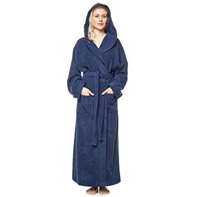 Arus Badjas voor dames met kap, kuitlengte of tot op de enkel, badstof van 100% katoen, Oeko-Tex-gecertificeerd, Navy Blauw XL extra tall Arus Badjas voor dames met kap, kuitlengte of tot op de enkel, badstof van 100% katoen, Oeko-Tex-gecertificeerd, Navy Blauw XL extra tall