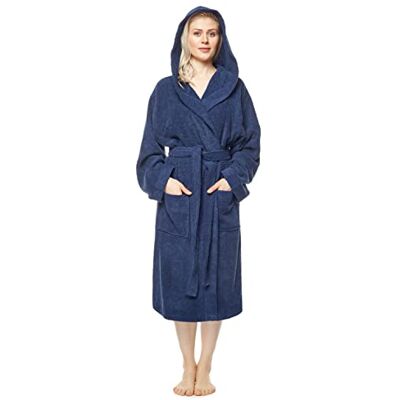 Arus Badjas voor dames, kuitlengte of enkellengte, 100% Oeko-Tex gecertificeerde katoenen badstof met capuchon, Navy Blauw, XL-XXL XL-XXL Arus Badjas voor dames, kuitlengte of enkellengte, 100% Oeko-Tex gecertificeerde katoenen badstof met capuchon, Navy Blauw, XL-XXL XL-XXL