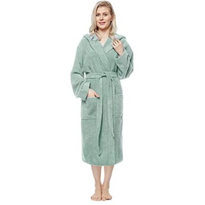 Arus Badjas voor dames, kuitlengte of enkellengte, 100% Oeko-Tex gecertificeerde katoenen badstof met capuchon, Lichtgroen L-XL Arus Badjas voor dames, kuitlengte of enkellengte, 100% Oeko-Tex gecertificeerde katoenen badstof met capuchon, Lichtgroen L-XL