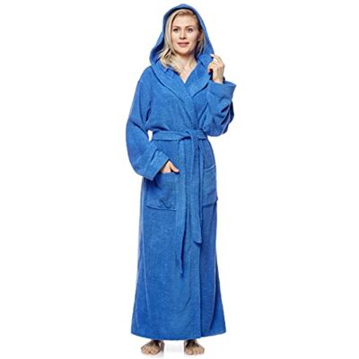 Arus Badjas voor dames met kap, kuitlengte of tot op de enkel, badstof van 100% katoen, Oeko-Tex-gecertificeerd, Royal Blauw L-XL Arus Badjas voor dames met kap, kuitlengte of tot op de enkel, badstof van 100% katoen, Oeko-Tex-gecertificeerd, Royal Blauw L-XL