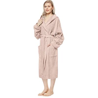 Arus Badjas voor dames, kuitlengte of enkellengte, 100% Oeko-Tex gecertificeerde katoenen badstof met capuchon, Oude Roos S-M Arus Badjas voor dames, kuitlengte of enkellengte, 100% Oeko-Tex gecertificeerde katoenen badstof met capuchon, Oude Roos S-M