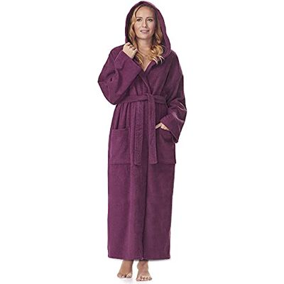 Arus Badjas voor dames met capuchon, kuitlengte of enkellengte, badstof (380 g/m²), 100% gecertificeerd katoen, Pruim S-M Extra Tall Arus Badjas voor dames met capuchon, kuitlengte of enkellengte, badstof (380 g/m²), 100% gecertificeerd katoen, Pruim S-M Extra Tall