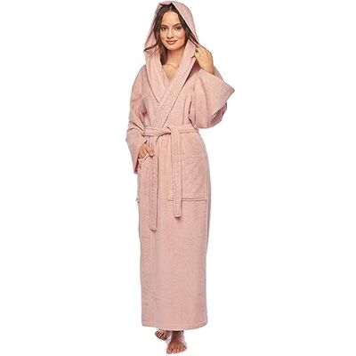 Arus Badjas voor dames met capuchon, kuitlengte of enkel, badstof (380 g/m²), 100% gecertificeerd katoen, Oude Roos S-M Arus Badjas voor dames met capuchon, kuitlengte of enkel, badstof (380 g/m²), 100% gecertificeerd katoen, Oude Roos S-M