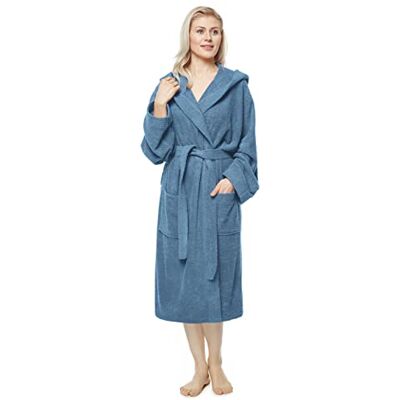 Arus Badjas voor dames, kuitlengte of enkellengte, 100% Oeko-Tex gecertificeerde katoenen badstof met capuchon, Oceaan Blauw S-M Arus Badjas voor dames, kuitlengte of enkellengte, 100% Oeko-Tex gecertificeerde katoenen badstof met capuchon, Oceaan Blauw S-M