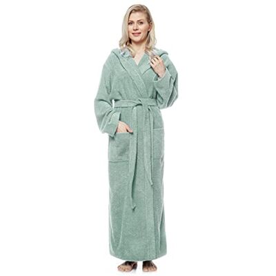 Arus Badjas voor dames met kap, kuitlengte of tot op de enkel, badstof van 100% katoen, Oeko-Tex-gecertificeerd, Lichtgroen M extra tall Arus Badjas voor dames met kap, kuitlengte of tot op de enkel, badstof van 100% katoen, Oeko-Tex-gecertificeerd, Lichtgroen M extra tall