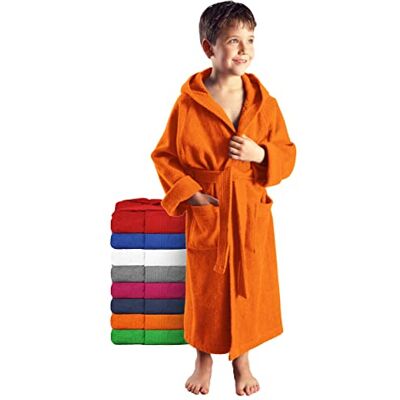 Arus Badjas voor kinderen, meisjes, jongens en jongeren, met capuchon, 100% katoen, badstof, badhanddoek ultrazacht en licht, Oranje 176 Arus Badjas voor kinderen, meisjes, jongens en jongeren, met capuchon, 100% katoen, badstof, badhanddoek ultrazacht en licht, Oranje 176