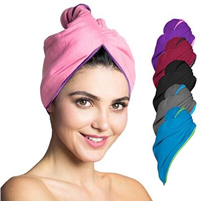 Fit-Flip Haarhanddoek microvezel absorberend en sneldrogend Speciale tulband handdoek en haarhanddoek (Roze-Paars- 2 Stuk) Fit-Flip Haarhanddoek microvezel absorberend en sneldrogend Speciale tulband handdoek en haarhanddoek (Roze-Paars- 2 Stuk)