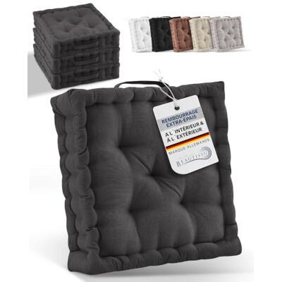 Beautissu Set van 4 katoenen vloerkussens met draaggreep 40 x 40 cm, antraciet, dikke matras, 8 cm, 100% stoelkussen, binnen en buiten, Beauitssu Mila Beautissu Set van 4 katoenen vloerkussens met draaggreep 40 x 40 cm, antraciet, dikke matras, 8 cm, 100% stoelkussen, binnen en buiten, Beauitssu Mila