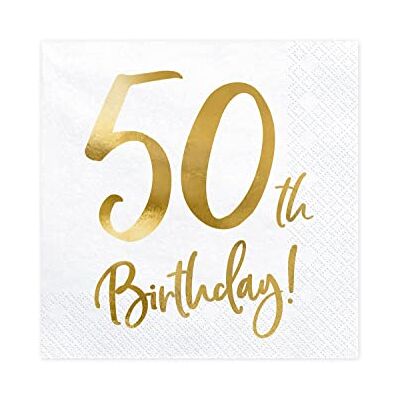 PartyDeco 20 papieren servetten voor de 50e verjaardag, 33 x 33 cm, 3-laags, voor verjaardag en feest, wit en goud bedrukt PartyDeco 20 papieren servetten voor de 50e verjaardag, 33 x 33 cm, 3-laags, voor verjaardag en feest, wit en goud bedrukt