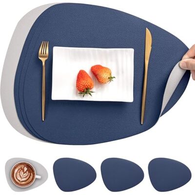 Myir JUN Lederen tafelmatten en onderzetters, Placemat Waterdichte Dubbelzijdige Keuken Plaats Matten Koffiematten Antislip Wasbare Placemats en Coaster Sets 4 (Driehoek Rond, Blauw Grijs) Lot de 4 Set de Table Antidérapant Double Face Lavable Set Table Myir JUN Lederen tafelmatten en onderzetters, Placemat Waterdichte Dubbelzijdige Keuken Plaats Matten Koffiematten Antislip Wasbare Placemats en Coaster Sets 4 (Driehoek Rond, Blauw Grijs) Lot de 4 Set de Table Antidérapant Double Face Lavable Set Table