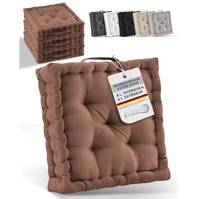 Beautissu Set van 4 katoenen vloerkussens met draaggreep 40 x 40 cm, bruin, dikke matras, 8 cm, 100% stoelkussen, binnen en buiten, Beauitssu Mila Beautissu Set van 4 katoenen vloerkussens met draaggreep 40 x 40 cm, bruin, dikke matras, 8 cm, 100% stoelkussen, binnen en buiten, Beauitssu Mila