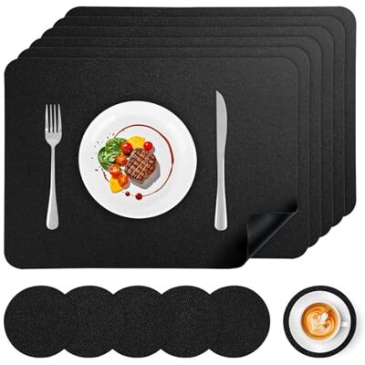 APLKER Afwasbare placemats en onderzetters, 6 stuks Onderzetters van kunstleer, placemat voor buiten, zomer, voor keuken, restaurant, hotel, 43 x 30 cm, zwart APLKER Afwasbare placemats en onderzetters, 6 stuks Onderzetters van kunstleer, placemat voor buiten, zomer, voor keuken, restaurant, hotel, 43 x 30 cm, zwart